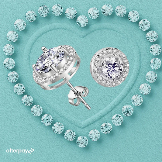 Halo moissanite stud earrings with round brilliant centre
