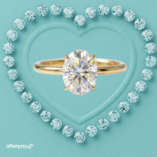 Oval cut moissanite ring with slim white gold solitaire band.
