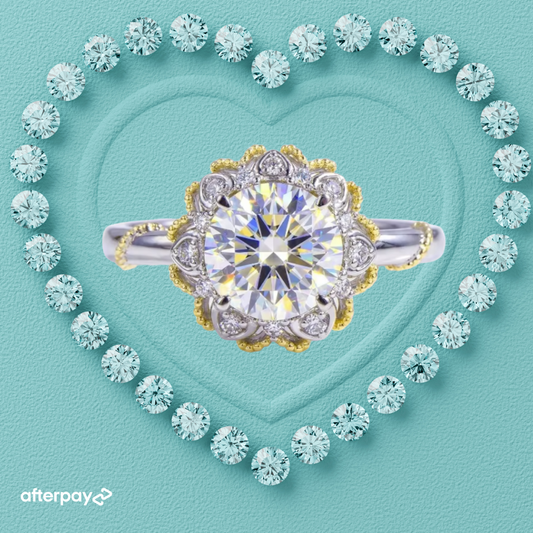Isolde round moissanite ring with ornate vintage inspired halo and two-tone detailing