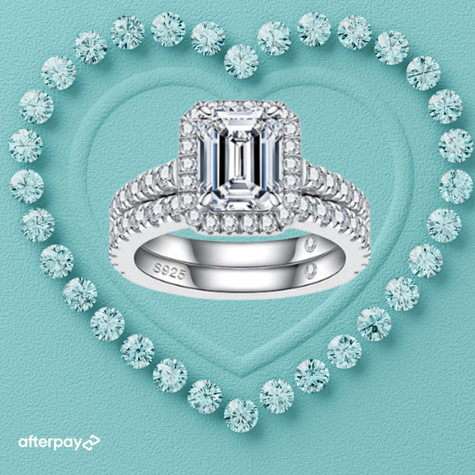 Emerald cut halo moissanite ring set with matching pavé wedding band