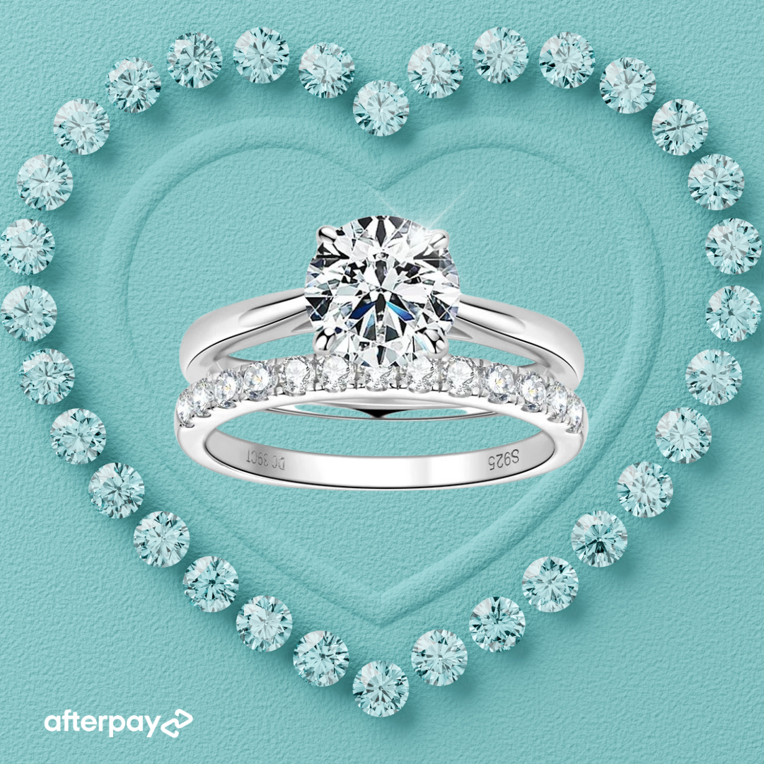 2 Carat Moissanite Ring & Wedding Band Set with matching eternity ring