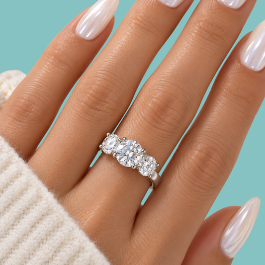 A close-up of a hand wearing a silver three-stone diamond ring, with the fingers resting against a solid teal background.
