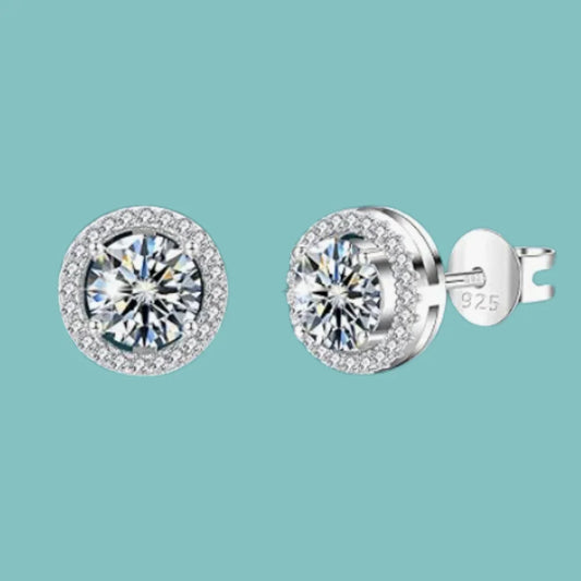 Round moissanite halo stud earrings in sterling silver