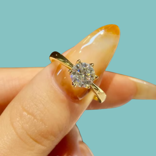 Round brilliant cut moissanite ring in sterling silver finish with classic solitaire setting.