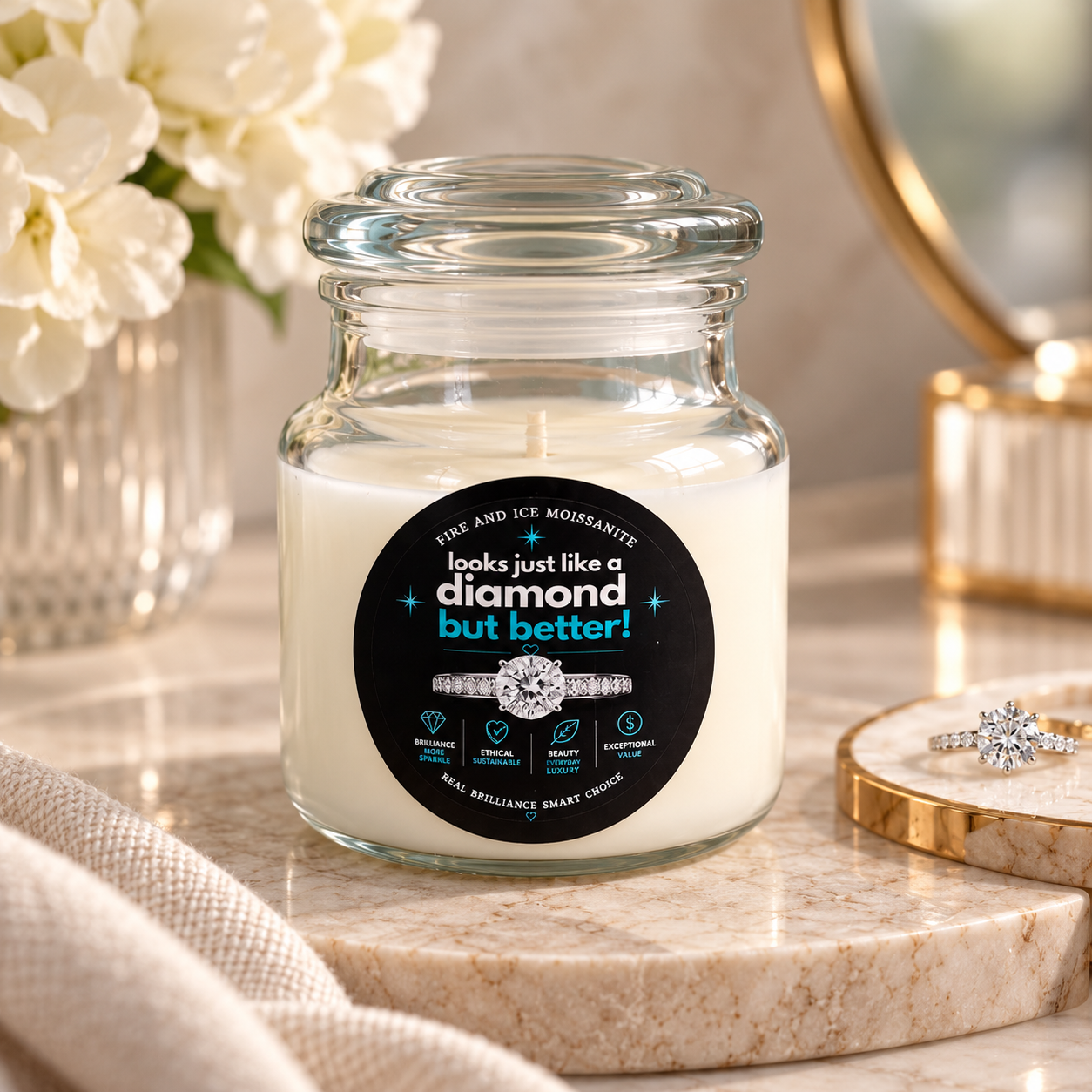 A clear glass jar candle with white wax sits on a marble surface in a styled indoor setting. The jar has a black circular label with white and blue text reading 'FIRE AND MOONLIGHT looks just like a diamond but better!' and small ring graphics.