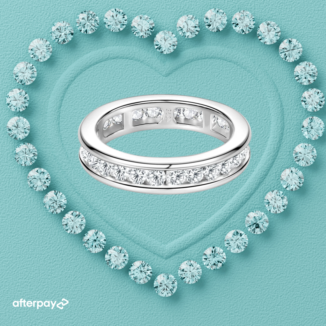 Channel set moissanite wedding band with full sparkle
