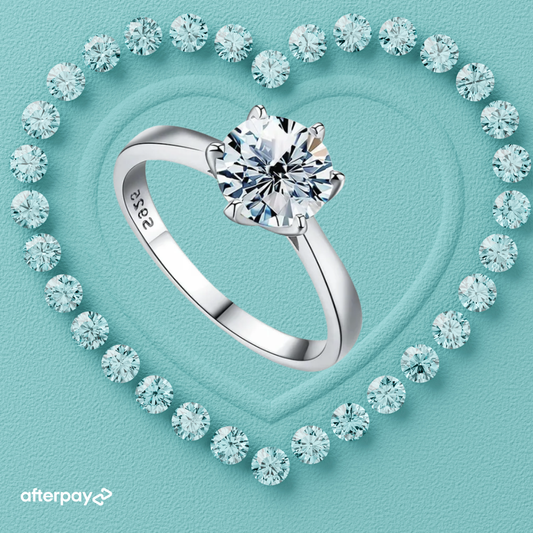 Round brilliant cut moissanite ring in yellow gold finish with classic solitaire setting.