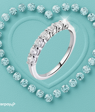 Moissanite wedding band surrounded by smaller diamonds on a light blue background with Afterpay logo.