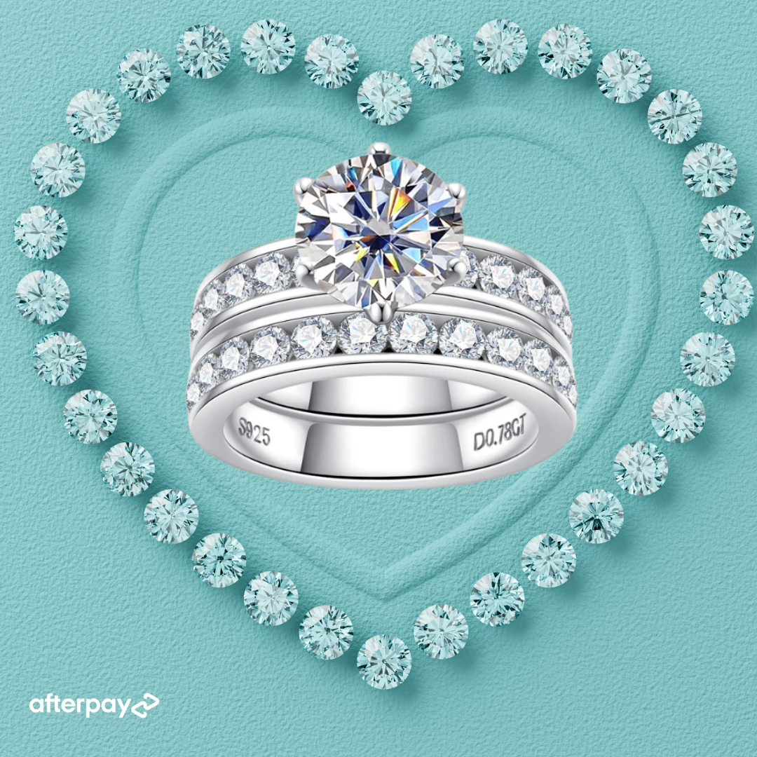 Silver ring channel set tiffany inspired with moissanite diamonds on a turquoise background with diamond accents
