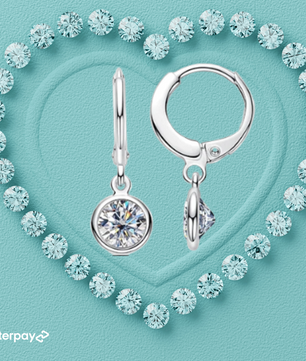 Silver drop earrings with moissanite gemstones on a turquoise background with Afterpay logo.