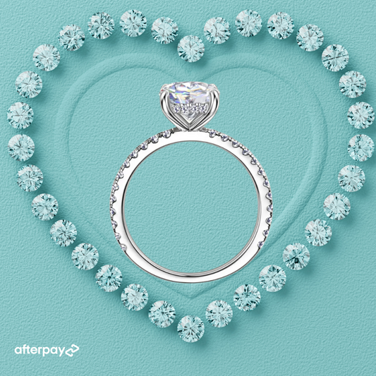 Silver hidden halo round moissanite diamond ring surrounded by smaller diamonds on a light blue background with Afterpay logo.