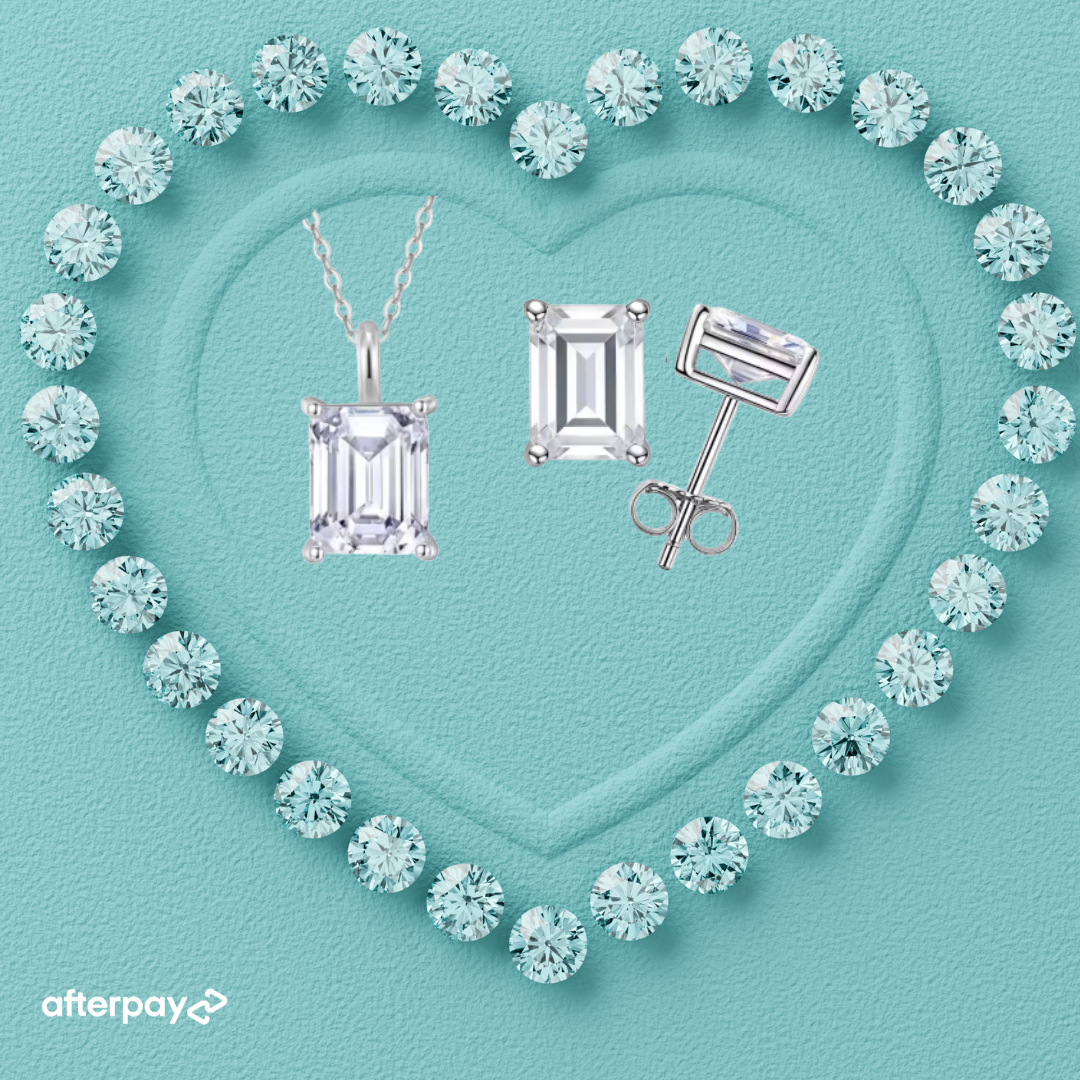 Emerald cut jewellery set with moissanite pendant and matching earrings