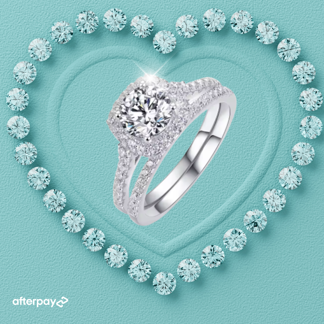 Square halo moissanite ring set with matching pavé wedding band