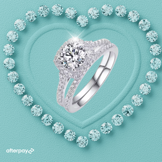 Square halo moissanite ring set with matching pavé wedding band