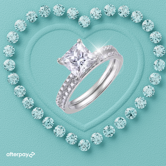 Princess cut moissanite ring set featuring a sparkling square centre stone with a matching pavé band.