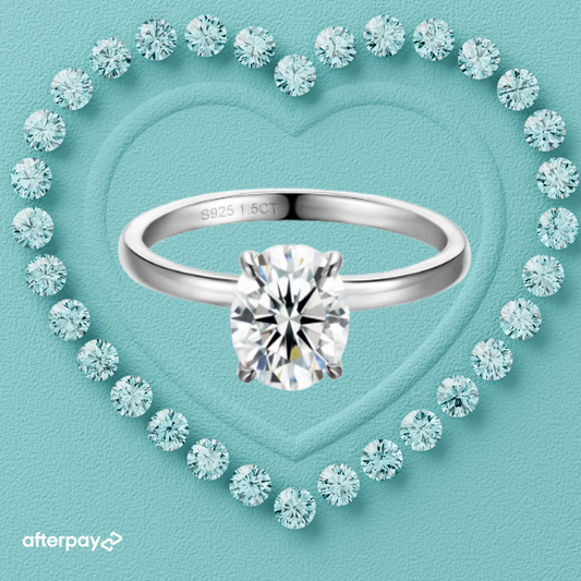 Oval moissanite solitaire ring in sterling silver with white gold finish