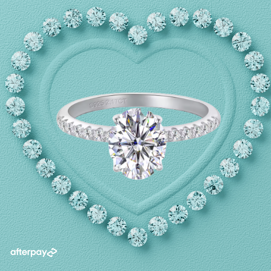 Oval moissanite ring with pavé band in S925 sterling silver