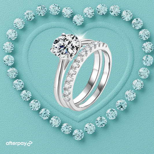 Silver moissanite solitaire ring with matching pavé band