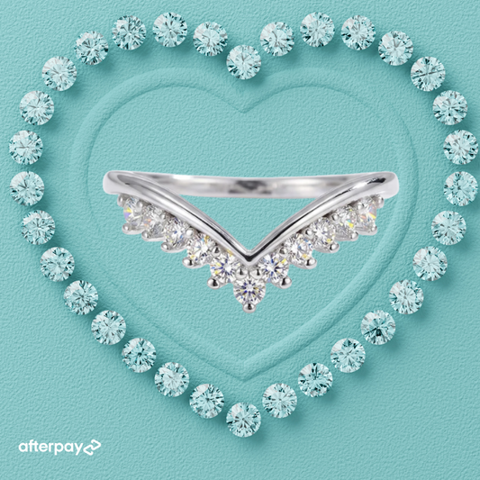 ela moissanite V-shaped wedding band with sparkling stones in a silver-toned setting