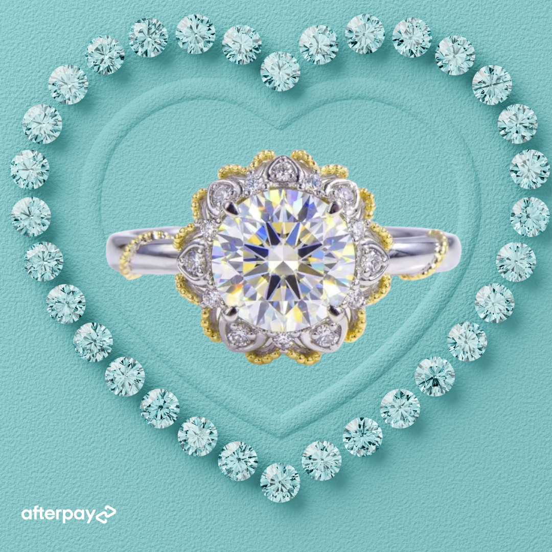 Isolde round moissanite ring with ornate vintage inspired halo and two-tone detailing