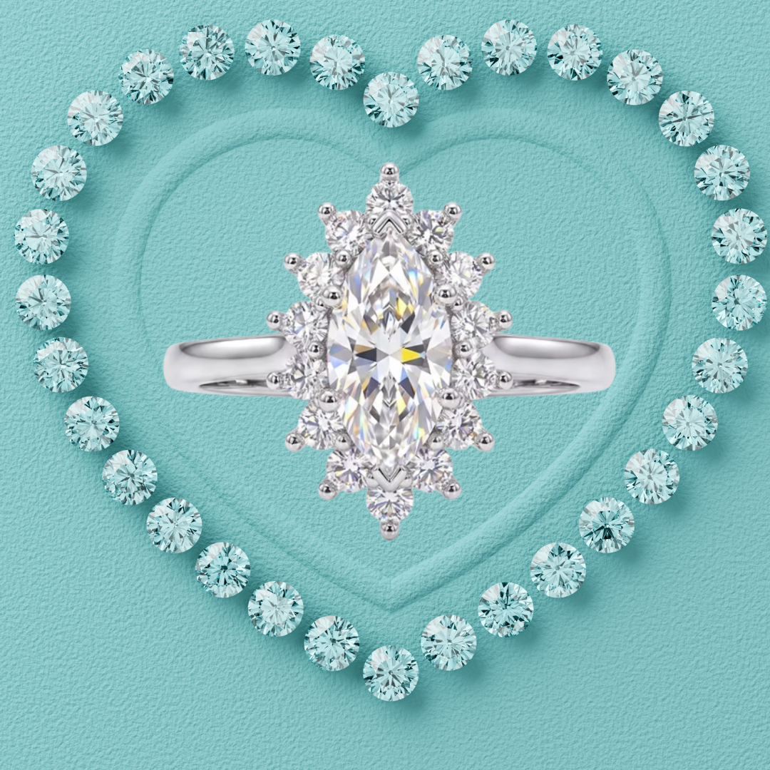 A silver-tone ring with a large marquise-cut clear center stone and surrounding halo-style round stones, centered on a turquoise textured background with a heart outline made of matching stones.