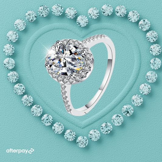 moissanite diamond ring with oval halo on a turquoise background withAfterpay logo.