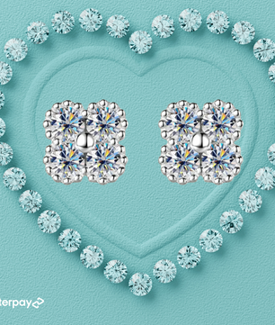 Diamond earrings surrounded by diamonds on a blue background with Afterpay logo.
