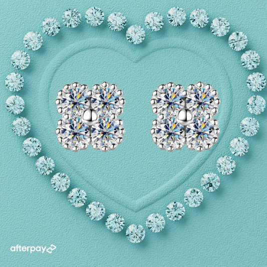 Diamond earrings surrounded by diamonds on a blue background with Afterpay logo.