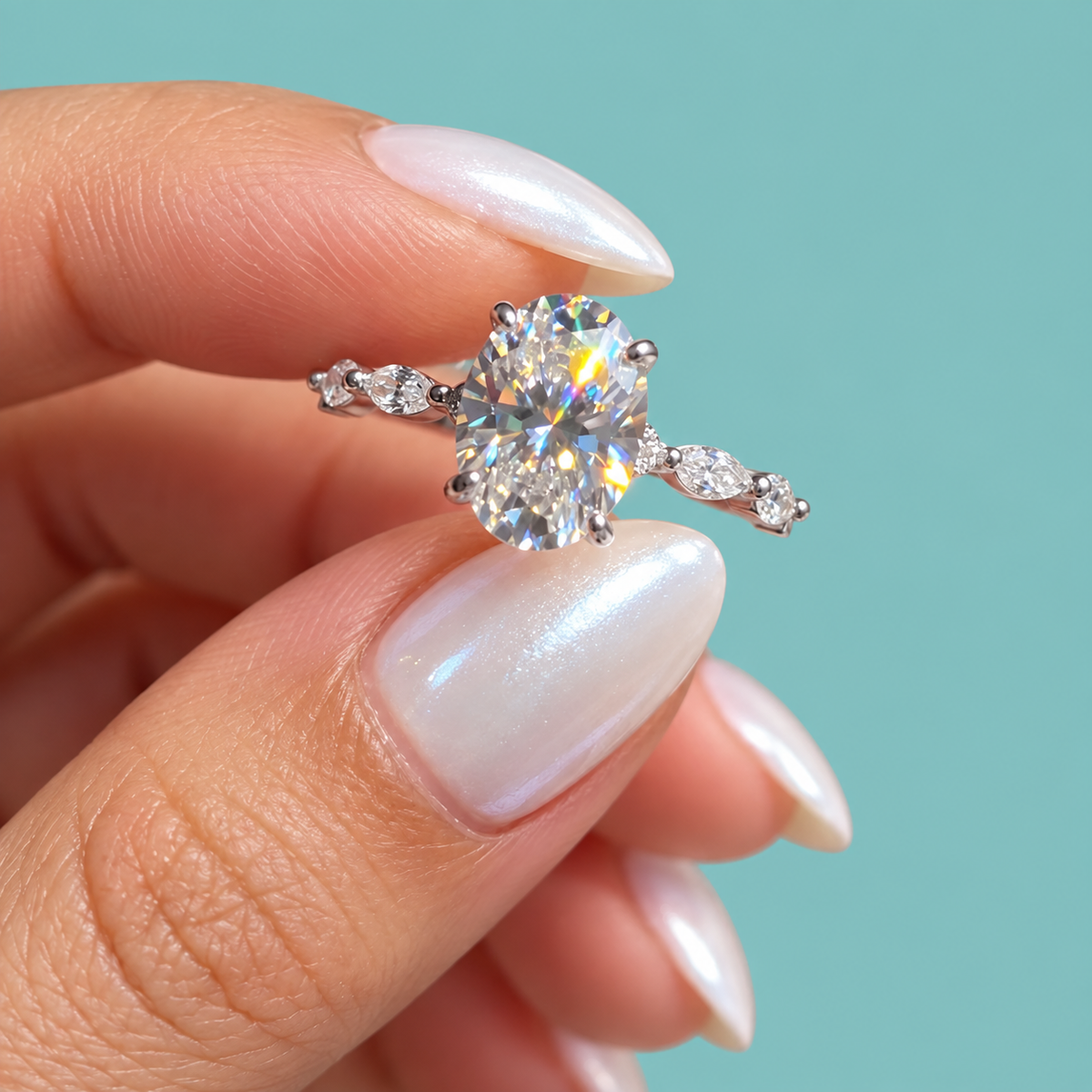 A close-up of a hand with iridescent white nail polish holding a silver engagement ring with an oval-cut clear center stone and smaller side stones, set against a solid teal background.
