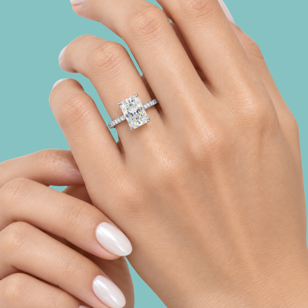 Radiant cut moissanite ring