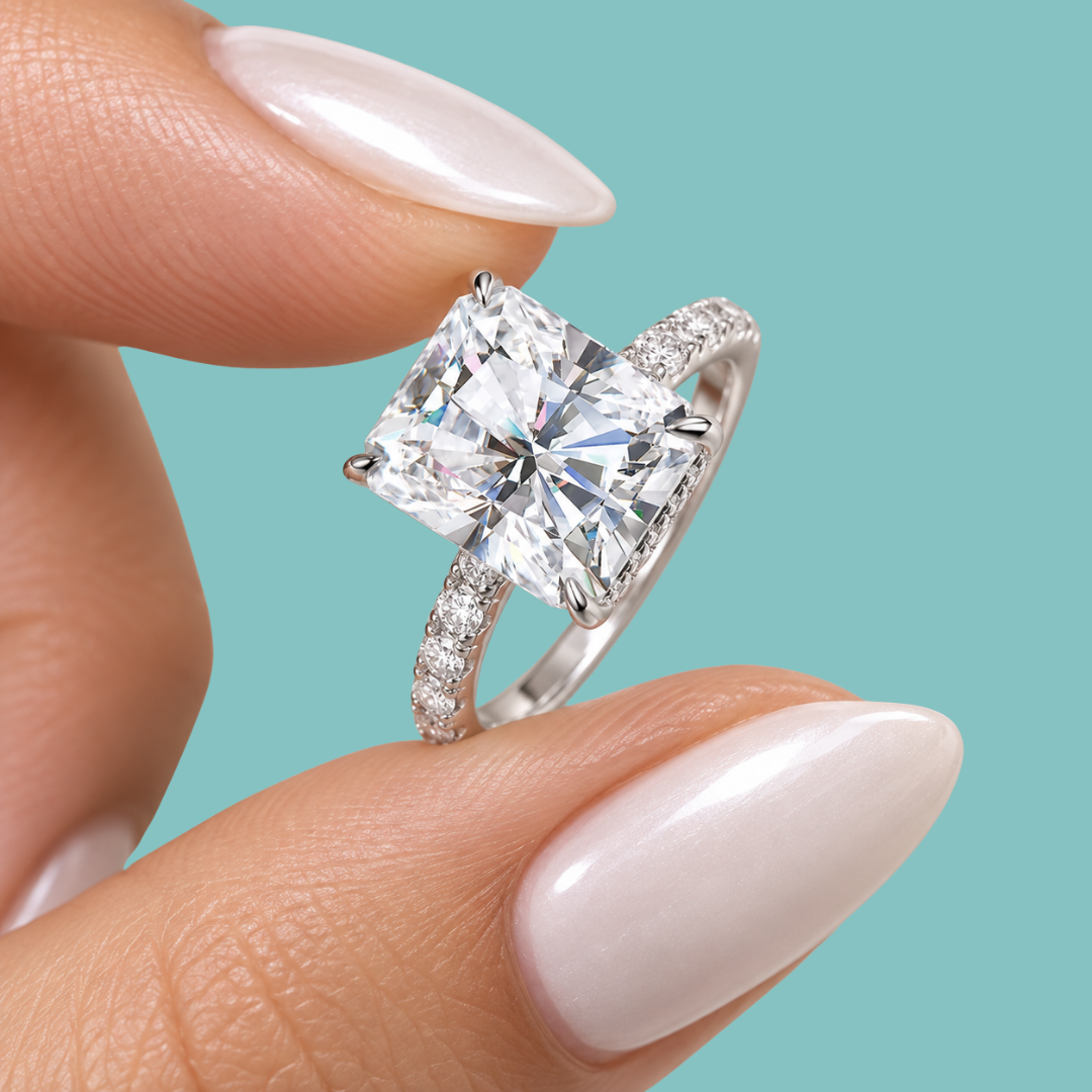 Radiant cut moissanite ring