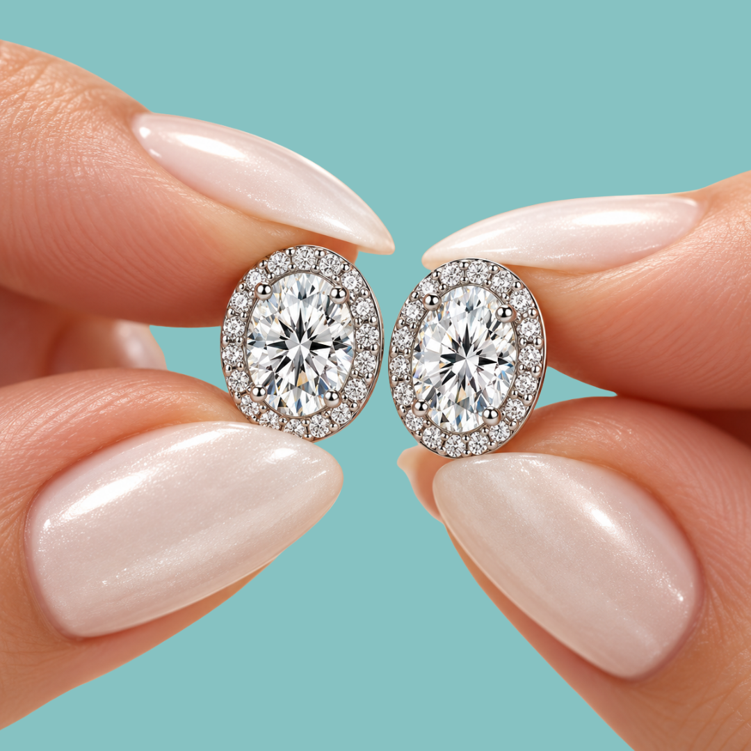 A close-up of a person's hands with long, pale pink manicured nails holding a pair of oval halo stud earrings. The earrings feature round brilliant-cut center stones surrounded by a border of smaller stones in a silver-toned setting, set against a solid light teal background.