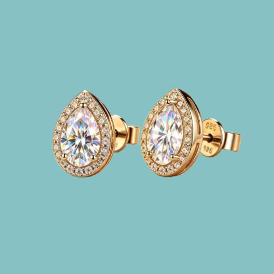Sorelle Pear Halo Moissanite Stud Earrings