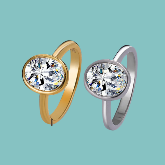 Oval moissanite ring with polished bezel setting and elegant band