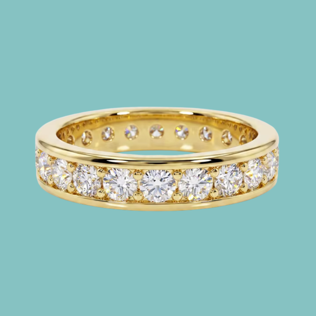 Elegant round stone eternity ring with channel-style sparkle and smooth gold edges