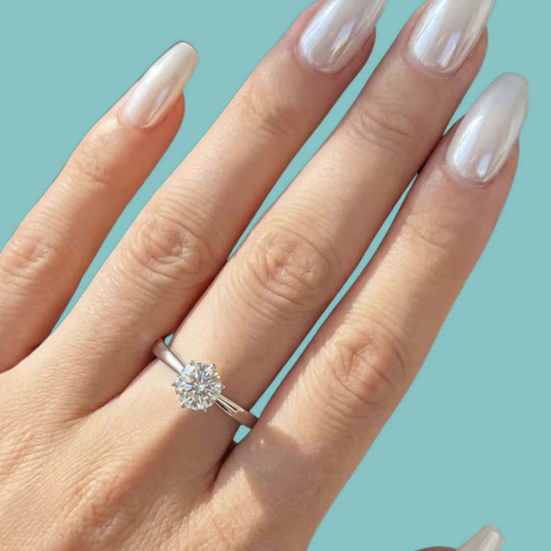 Timeless round moissanite solitaire ring with polished silver tone band