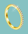 A yellow gold eternity ring featuring a row of clear round-cut gemstones on one side and a scalloped edge on the other, shown on a solid light teal background.