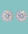 A pair of round-cut stud earrings with surrounding starburst clusters of small clear stones, shown on a solid light aqua background.