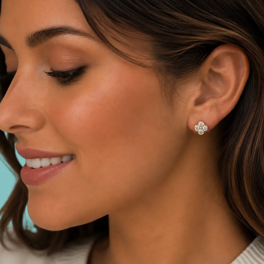 Fleurine floral moissanite stud earrings with yellow gold plating