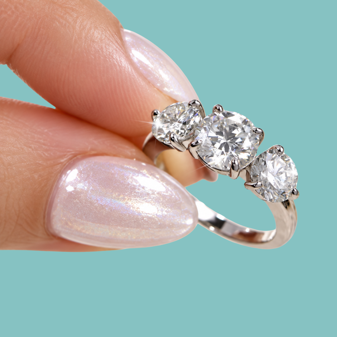 A close-up of a hand wearing a silver three-stone diamond ring, with the fingers resting against a solid teal background.