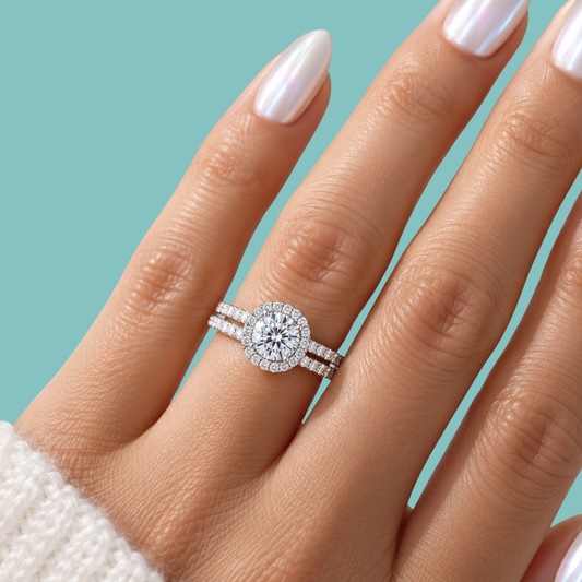 A close-up of a hand wearing a silver halo engagement ring with a round-cut center stone and matching band, set against a solid teal background.