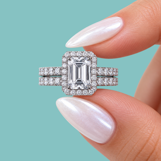 Emerald cut moissanite halo bridal set with sparkling centre stone