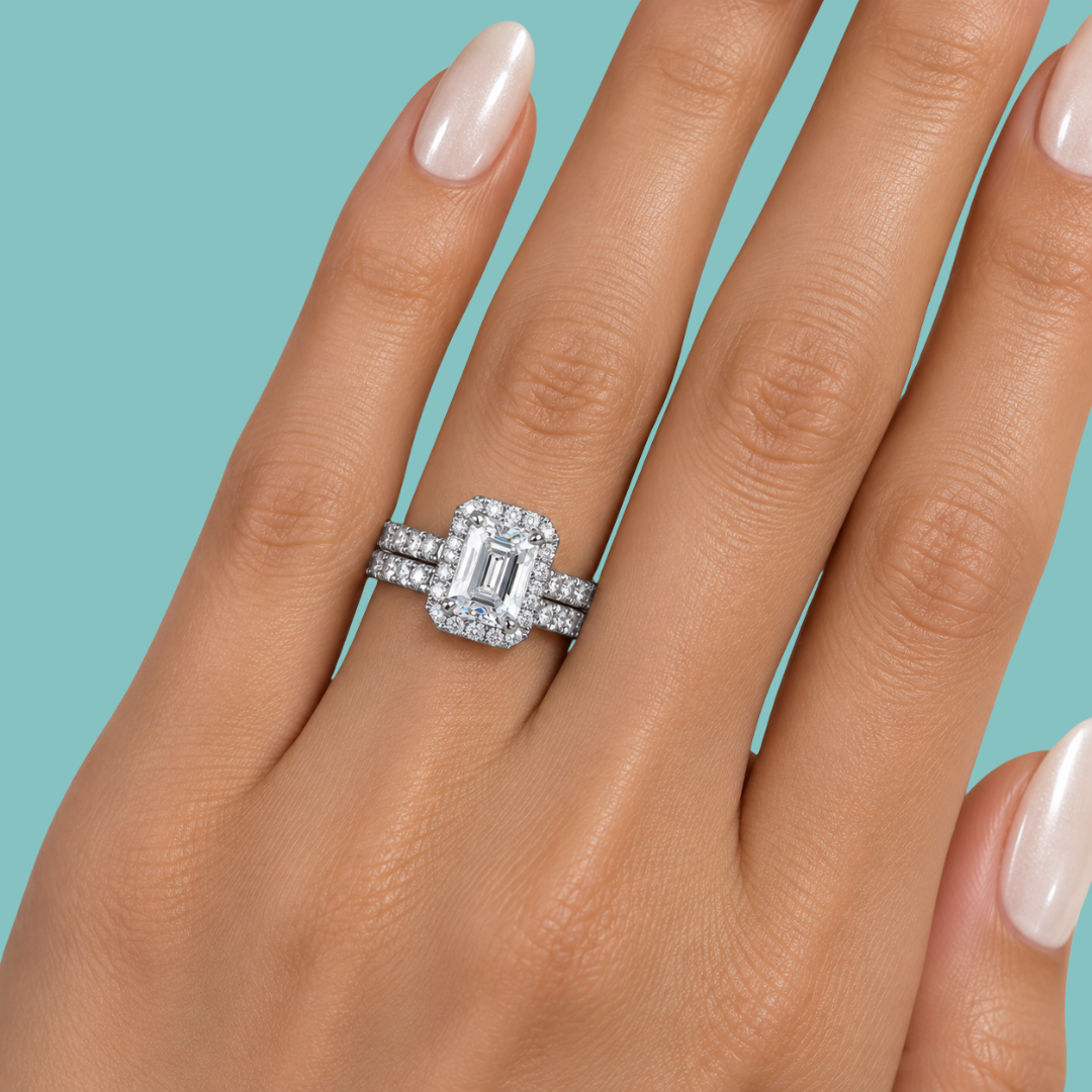 Emerald cut moissanite halo bridal set with sparkling centre stone