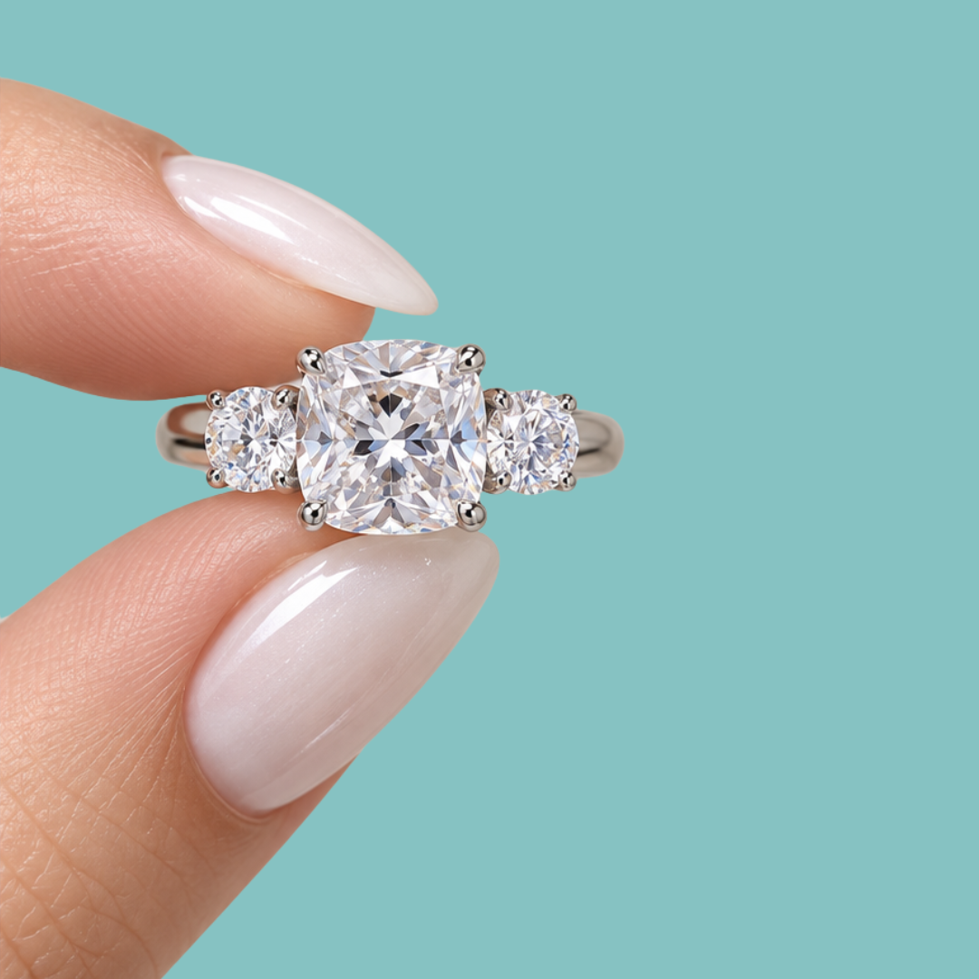 A three-stone diamond engagement ring held between fingers against a solid turquoise background. The ring features a large cushion-cut center diamond flanked by two round side diamonds, set in a silver-colored metal.