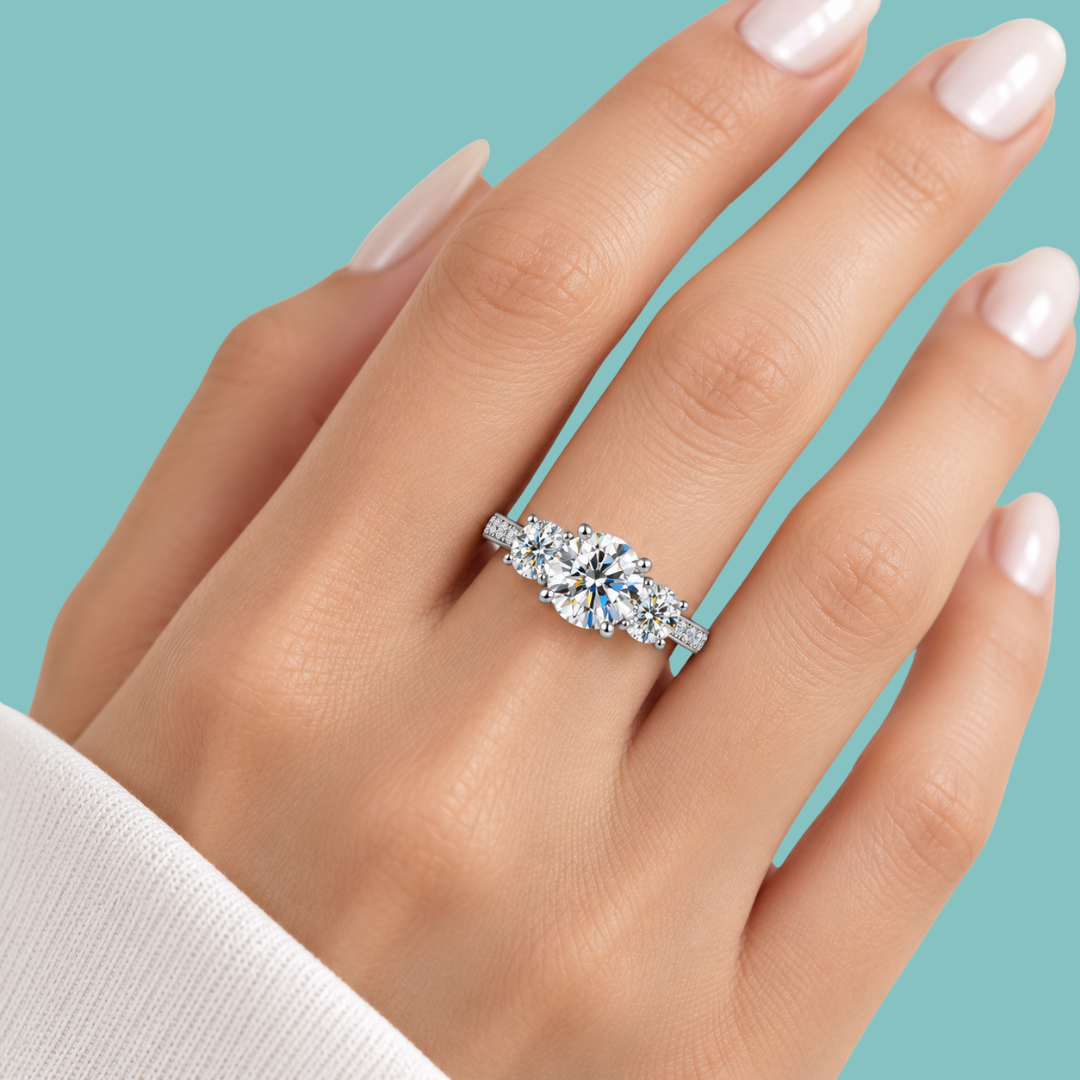 A close-up of a hand wearing a silver three-stone diamond engagement ring against a solid teal background.