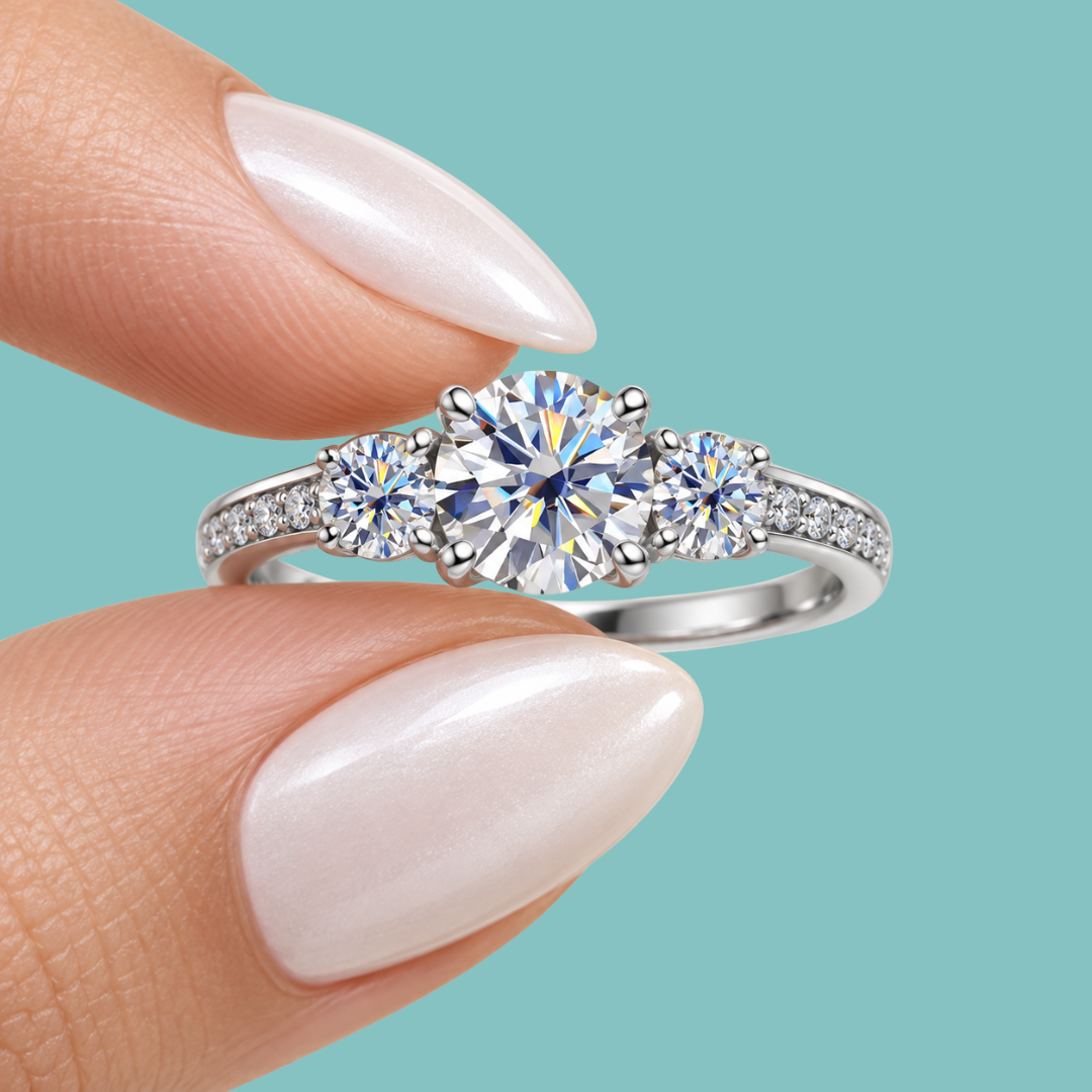 A silver three-stone diamond engagement ring held between fingers against a solid light teal background.