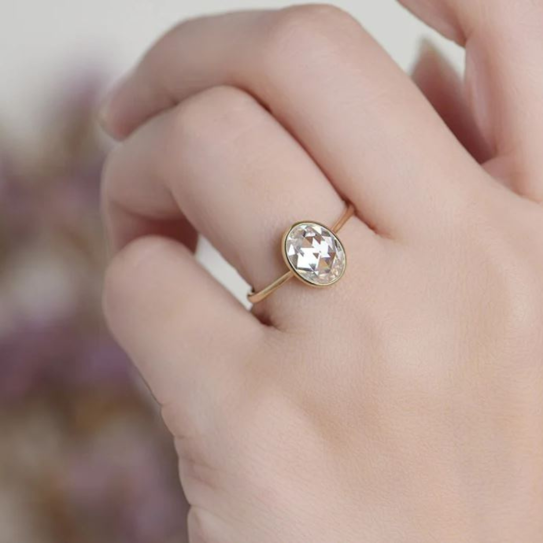 2 Carat Rose Cut 'Elysian' Oval Solid Gold Moissanite Ring.