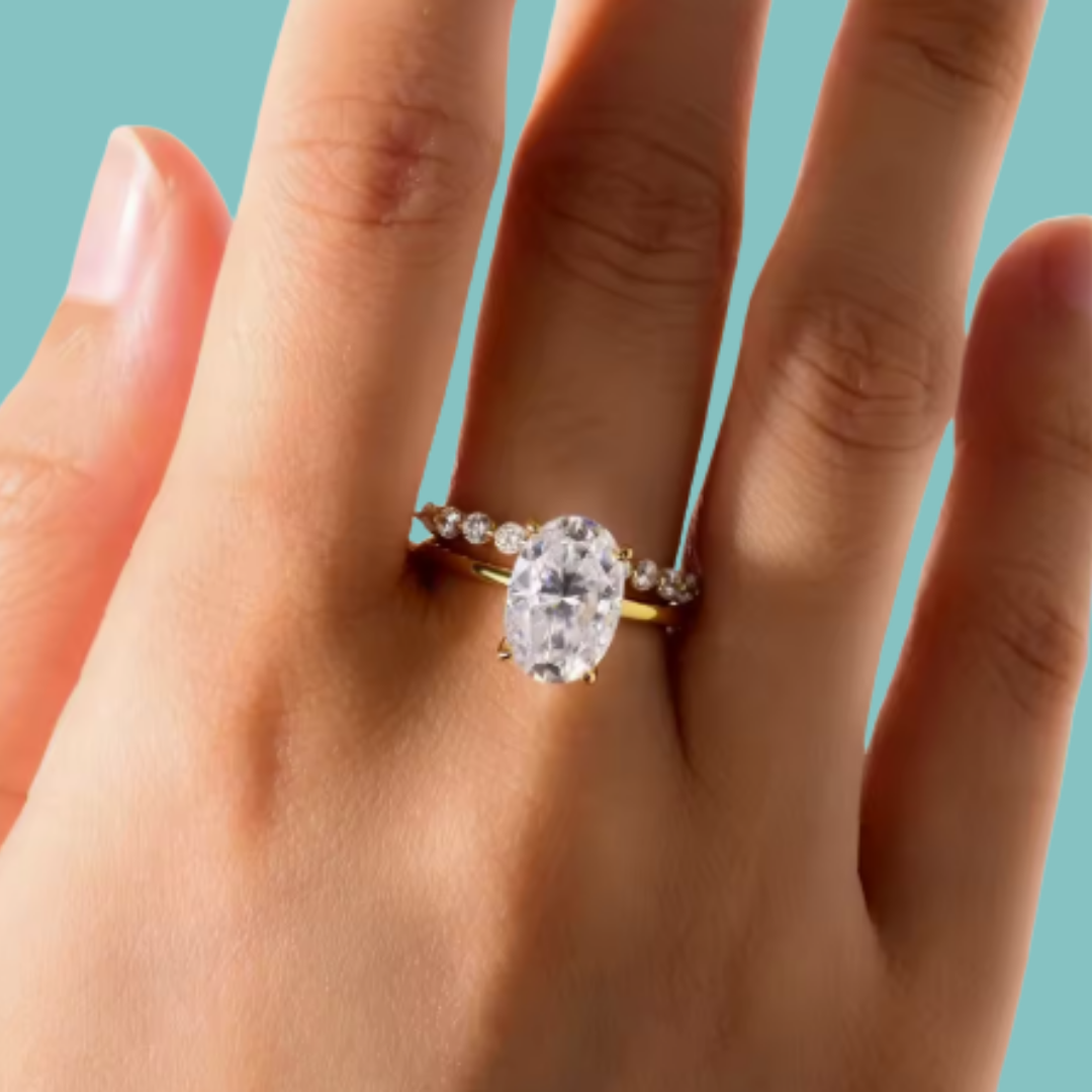 4.5 carat oval moissanite ring set with matching pavé band
