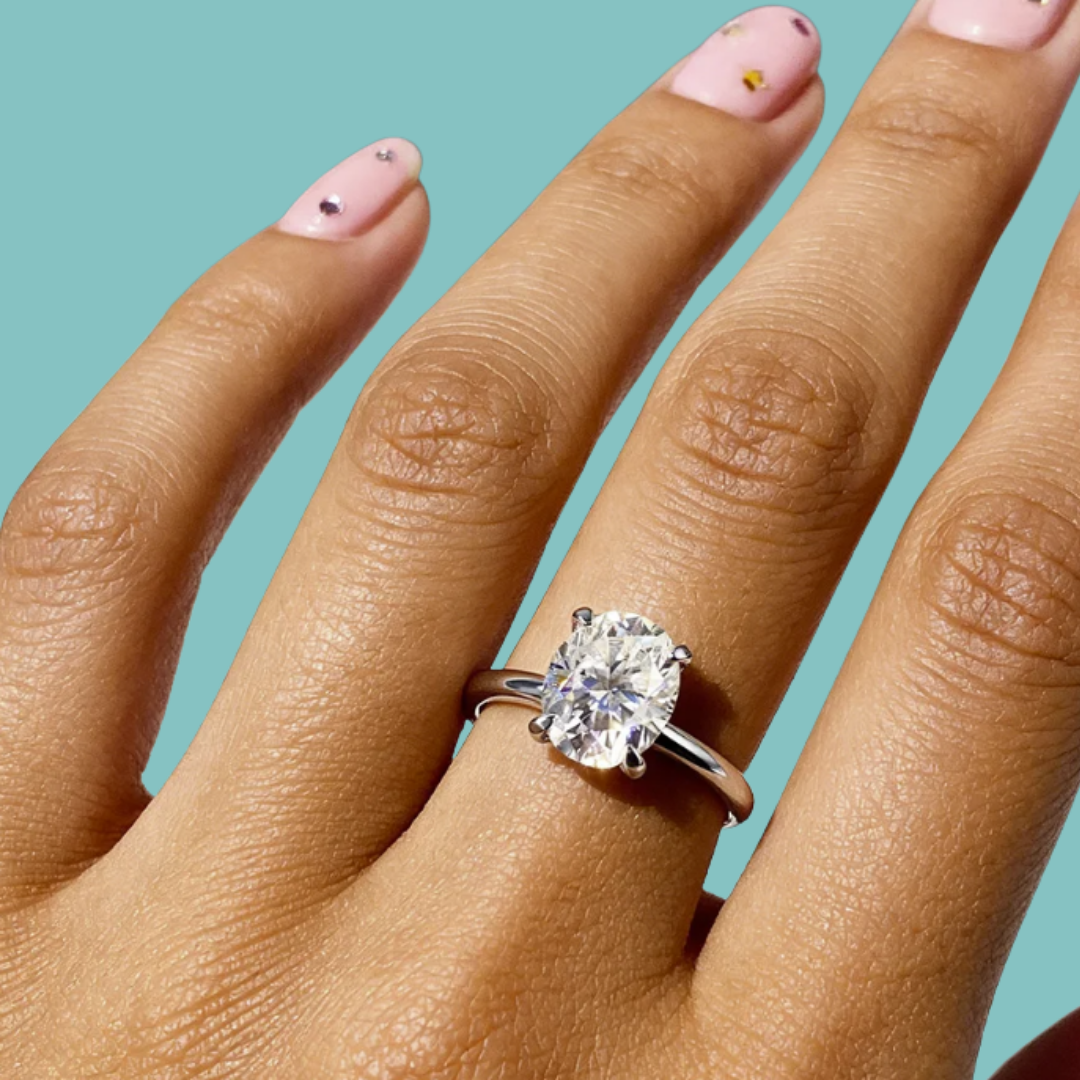 Sterling silver oval moissanite ring set with hidden halo