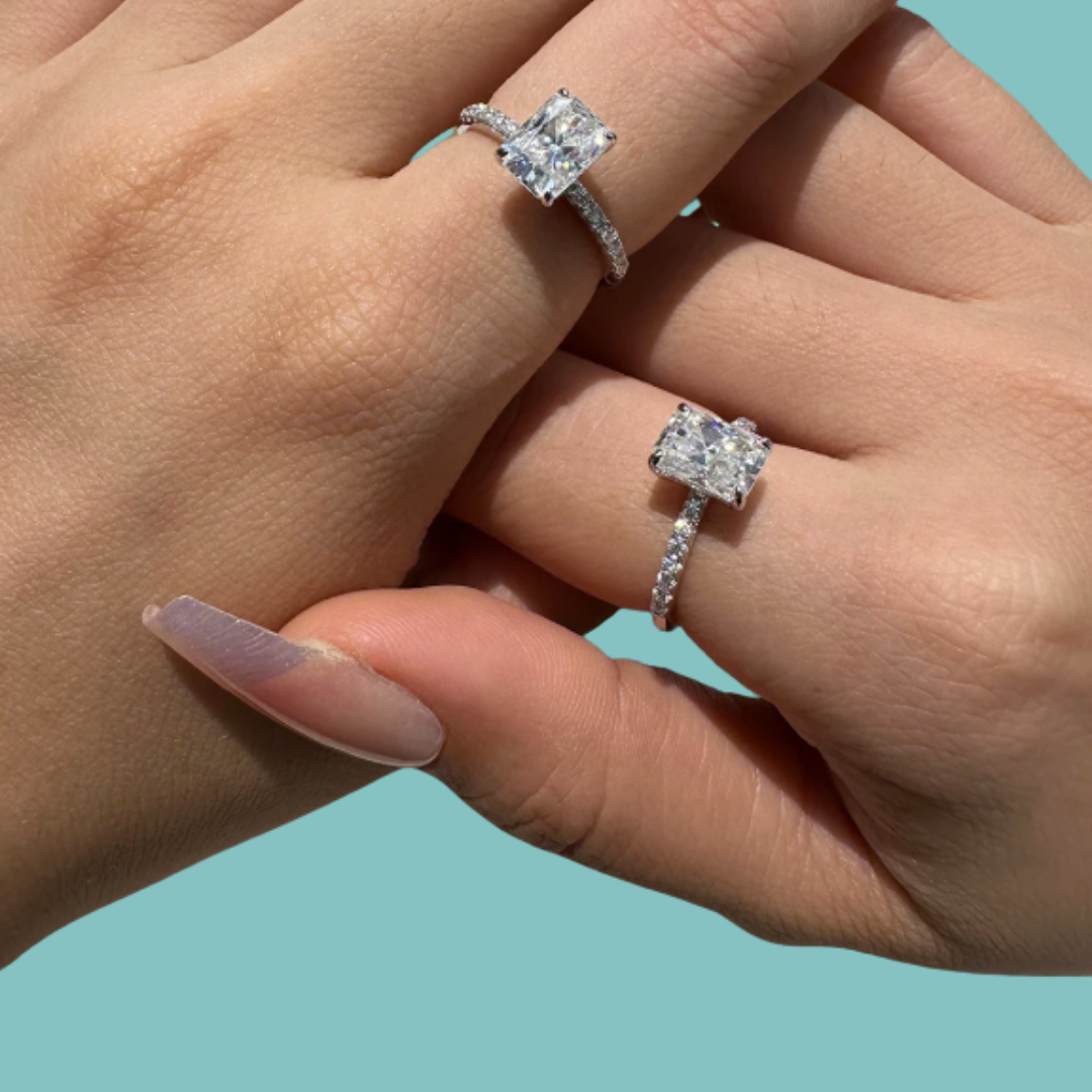 Elegant radiant moissanite engagement ring with slim pavé band